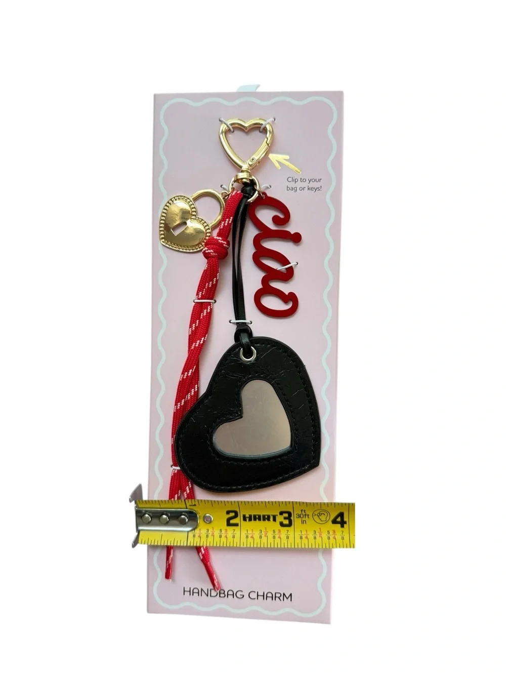 Rampage Handbag Charm Women Black Red Heart Mirror Ciao Script Lock NWT